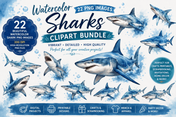 Download Shark Watercolor Clipart Bundle - Shark Collection
